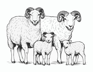 Sheep Ram Lamb family hand drawn sketch Vector illustration Farming