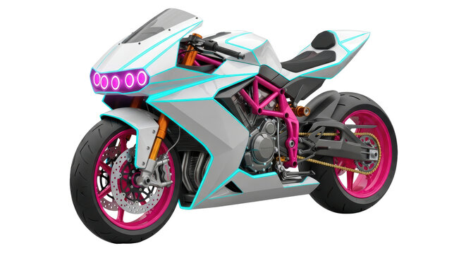 Isolated gray sport motorbike, modern race motorcycle with neon lines, studio shot