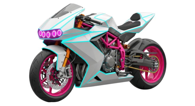 Isolated gray sport motorbike, modern race motorcycle with neon lines, studio shot