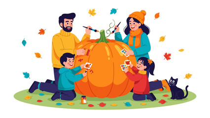 Family Pumpkin Carving: A family gathering, with a large pumpkin ready for carving, surrounded by autumn leaves and a cozy black cat. A snapshot of love and tradition.