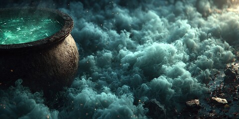 Mysterious glowing potion bubbling in a cauldron amidst swirling mystical fog and ethereal smoke, evoking a sense of magic and enchantment
