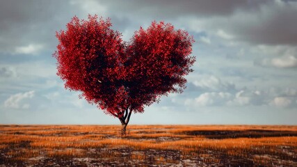 A vibrant heart-shaped tree stands in a golden field under a cloudy sky, symbolizing love and nature's beauty.