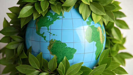 Globe Surrounded by Green Leaves – Environmental Conservation Concept