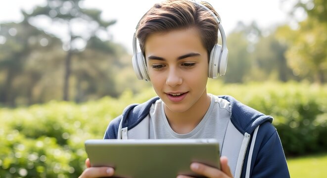 Teenage boy with headphones using a digital tablet outdoors in a park.