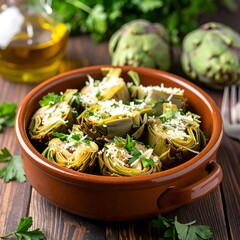 Roasted artichokes in a terracotta bowl, garnished with grated cheese and herbs