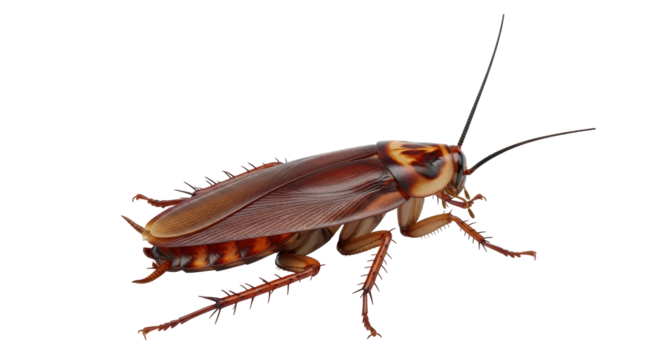 Isolated pest insect crawling viewed from above, brown cockroach with antennae and spiky legs