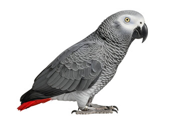 Naklejka premium A gray parrot, showcasing intricate feather details against a pure black backdrop.