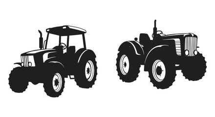 Two vintage tractors depicted in a simple black and white illustration