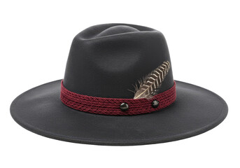 Isolated gray felt fedora hat, burgundy rope band, feather adornment, retro fashion