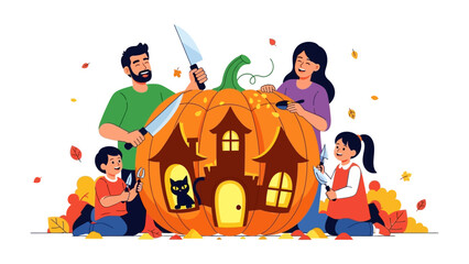 Festive Pumpkin Carving: A vibrant illustration of a family sharing moments of crafting Halloween pumpkin in a house-shaped, radiating warmth and joy. 