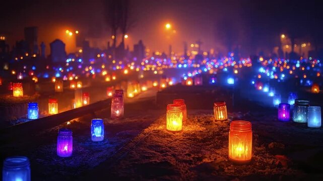 A graveyard at night filled with colorful glowing candles in jars illuminating the tombstones and creating a festive yet solemn atmosphere