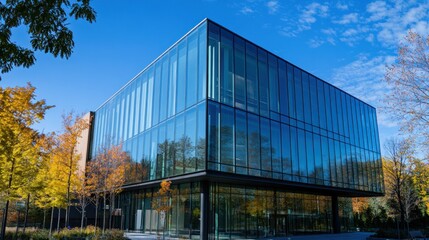 Modern architecture with glass facade reflecting autumn trees and blue sky