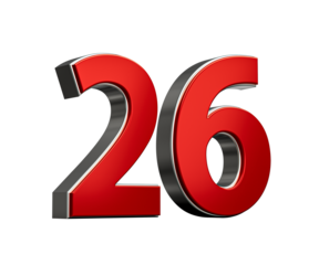 Bold Vibrant Red Number Twenty six Number 26 With Sleek Metallic White Background 3D Illustration