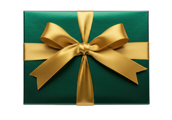 Isolated gift with gold ribbon, green box on a seamless surface, offering surprise