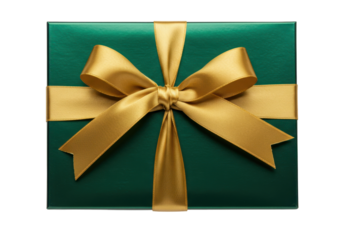 Isolated gift with gold ribbon, green box on a seamless surface, offering surprise