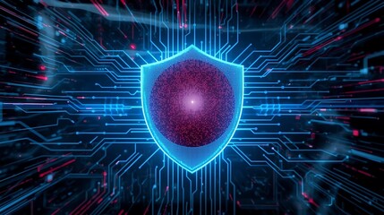 Futuristic Cyber Shield with Japanese Flag. Japanese flag waving dynamically behind a glowing digital shield made of neon circuits, futuristic background of cyber data streams, photorealistic texture.