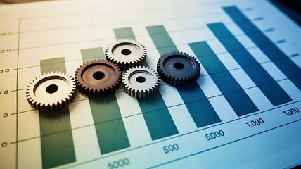 Business and finance concept featuring gears on a chart symbolizing teamwork and growth with analytical data visualization.