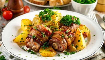 Roasted chicken drumsticks with bacon, potatoes, and pasta