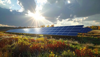 Realistic imagery of renewable energy infrastructure: wind turbines, solar parks and sustainable power solutions in autumn landscapes. Ideal for themes of sustainability, climate change, innovation an