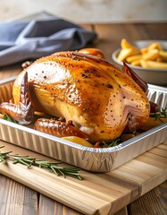 Roasted chicken in a foil pan with potatoes