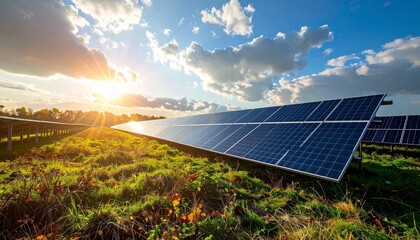 Realistic imagery of renewable energy infrastructure: wind turbines, solar parks and sustainable power solutions in autumn landscapes. Ideal for themes of sustainability, climate change, innovation an