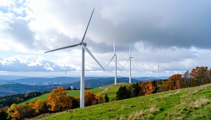 Realistic imagery of renewable energy infrastructure: wind turbines, solar parks and sustainable power solutions in autumn landscapes. Ideal for themes of sustainability, climate change, innovation an