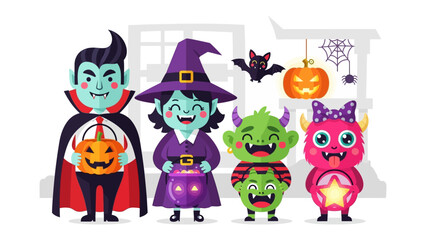 Halloween Character Gathering: A whimsical illustration showcasing a vibrant array of Halloween characters, including a vampire, witch, friendly monster, and a delightful creature with a bat.