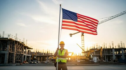 Patriotic male construction worker proudly holding an American flag on a large building site at sunrise. American industry and labor concept.