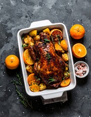 Roasted chicken with oranges and potatoes