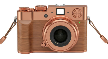 Isolated Vintage-Style Camera with Rose Gold Trim and Faux Wood Grain Body, Compact Design