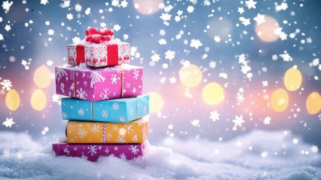 Colorful gifts wrapped in festive paper are stacked in fresh snow with a magical winter background creating a joyful holiday vibe