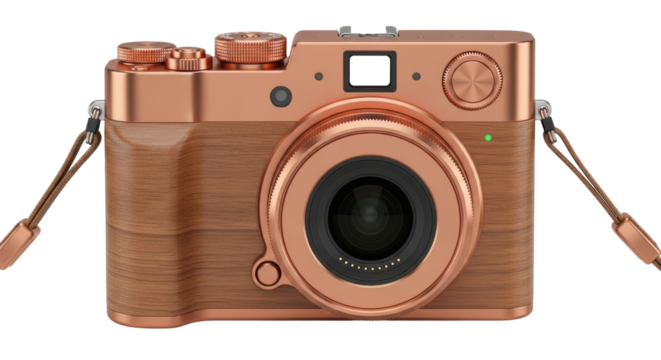 Isolated Vintage-Style Camera with Rose Gold Trim and Faux Wood Grain Body, Compact Design