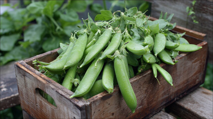 Fototapeta premium A rustic wooden crate filled with freshly harvested green peas, arranged in an outdoor garden environment with lush greenery surrounding, showcasing freshness and natural appeal of homegrown produce
