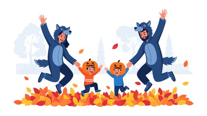 Joyful Family in Autumn: A lively family dressed in playful costumes bounces joyfully amidst a vibrant bed of autumn leaves, a heartwarming portrayal of seasonal fun.