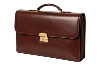 Isolated Brown Leather Briefcase, Handle Clasp; Professional Fashionable Bag; No Background