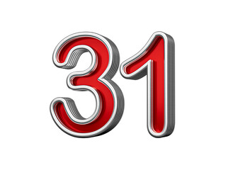 Vibrant Red Number Thirty one 31 With Metallic Gleam And Beveled Edges, 3D Illustration