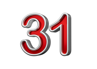 Vibrant Red Number Thirty one 31 With Metallic Gleam And Beveled Edges, 3D Illustration