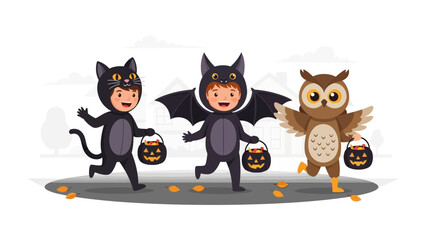 Spirited Halloween Trick-or-Treat: Three children, playfully costumed as a cat, bat, and owl, eagerly embark on a trick-or-treat adventure, filled with spooky delights and joyful anticipation.