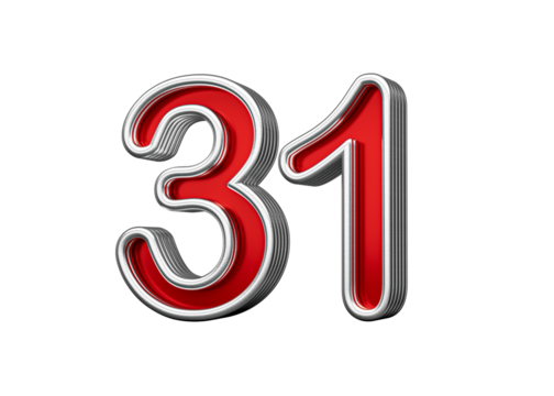 Vibrant Red Number Thirty one 31 With Metallic Gleam And Beveled Edges, 3D Illustration - Powered by Adobe
