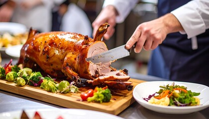 Roasted duck being carved on a wooden board