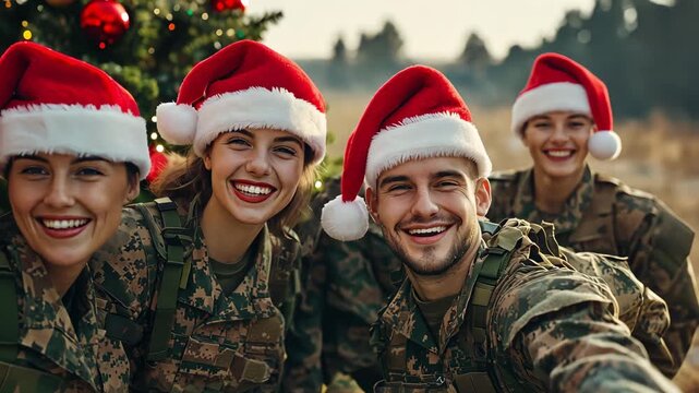 Soldiers in festive Santa hats gather around a decorated Christmas tree, celebrating the holiday season with joy and camaraderie in a winter landscape