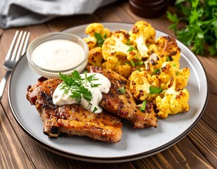 Roasted chicken with roasted cauliflower and creamy sauce on a plate