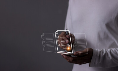 Young man with smartphone mobile hand touching to sign a Online Business Contract, Electronic signature, Contract signing, Digital documents, Future smart contract