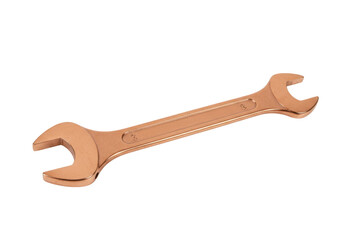 Isolated bronze colored open end wrench, tool for tightening bolts and nuts repair needs
