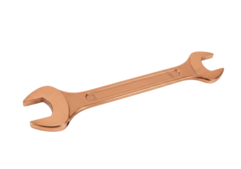 Isolated bronze colored open end wrench, tool for tightening bolts and nuts repair needs