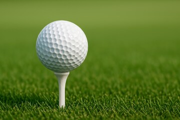 Close-up of golf ball on tee, ready to be hit, on well-maintained grass course, copy space.