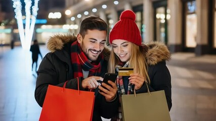 Happy couple shopping for christmas gifts at night, using a smartphone and credit card for online purchase, surrounded by festive lights and shopping bags - Powered by Adobe