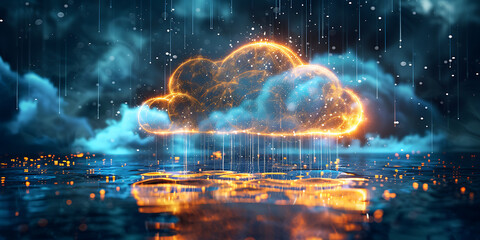 Dynamic glowing cloud data flows over digital water surface