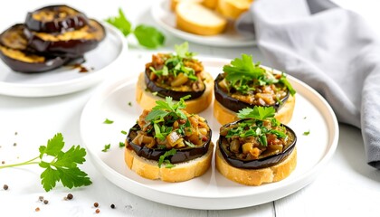 Roasted eggplant bruschetta on toasted bread