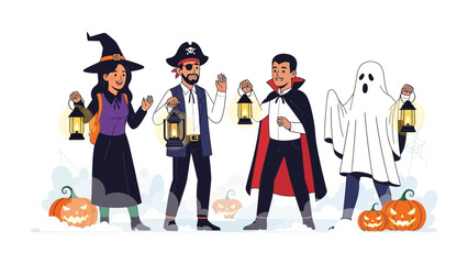 Halloween Crew Gathering with Lanterns: A whimsical tableau unfolds as a gathering of enchanting figures—a witch, a pirate, a vampire, and a ghost—hold aloft glowing lanterns.